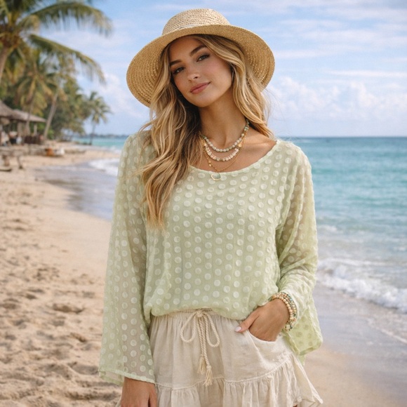 Soft Surroundings Tops - Soft Surroundings Lime Green Velvet Polka Dot Blouse Top